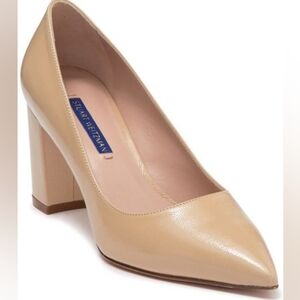 Stuart Weitzman Laney 75 Pumps Pointed Toe Leather Nude Block Heels Beige 9